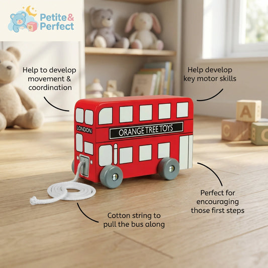 The Petite And Perfect London Bus | Premium Wooden Pull-Along Toy And Toddler Walking Aid